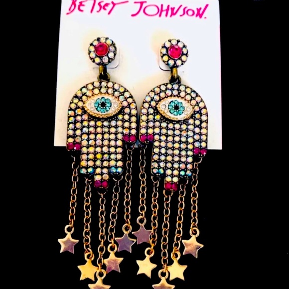 New Betsey Johnson Pavé Hamsa Hand Drop Earrings - Picture 5 of 9
